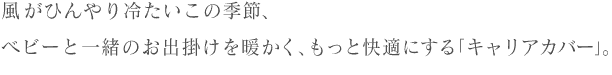 風がひんやり冷たいこの季節、ベビーと一緒のお出掛けを暖かく、もっと快適にする「キャリアカバー」。