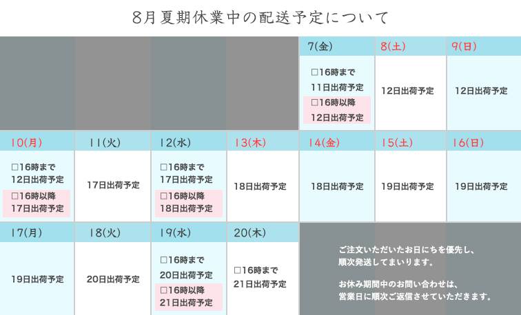 8月夏期休暇期間中の配送について